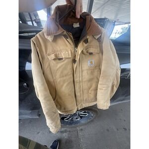 Vintage Carhartt XL Duck Canvas Hooded Work Jacket Quilt Lined Tan USA